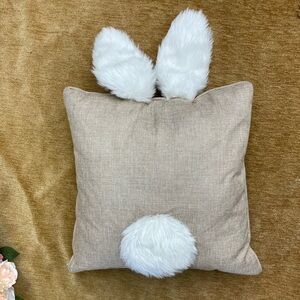 Easter bunny pillow. Tan with white bunny tail & ears 17 x 17